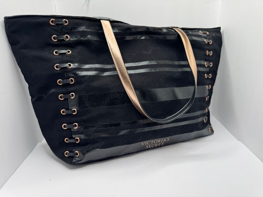 Victoria's Secret Black Lace Up Stripe Canvas Tote Bag